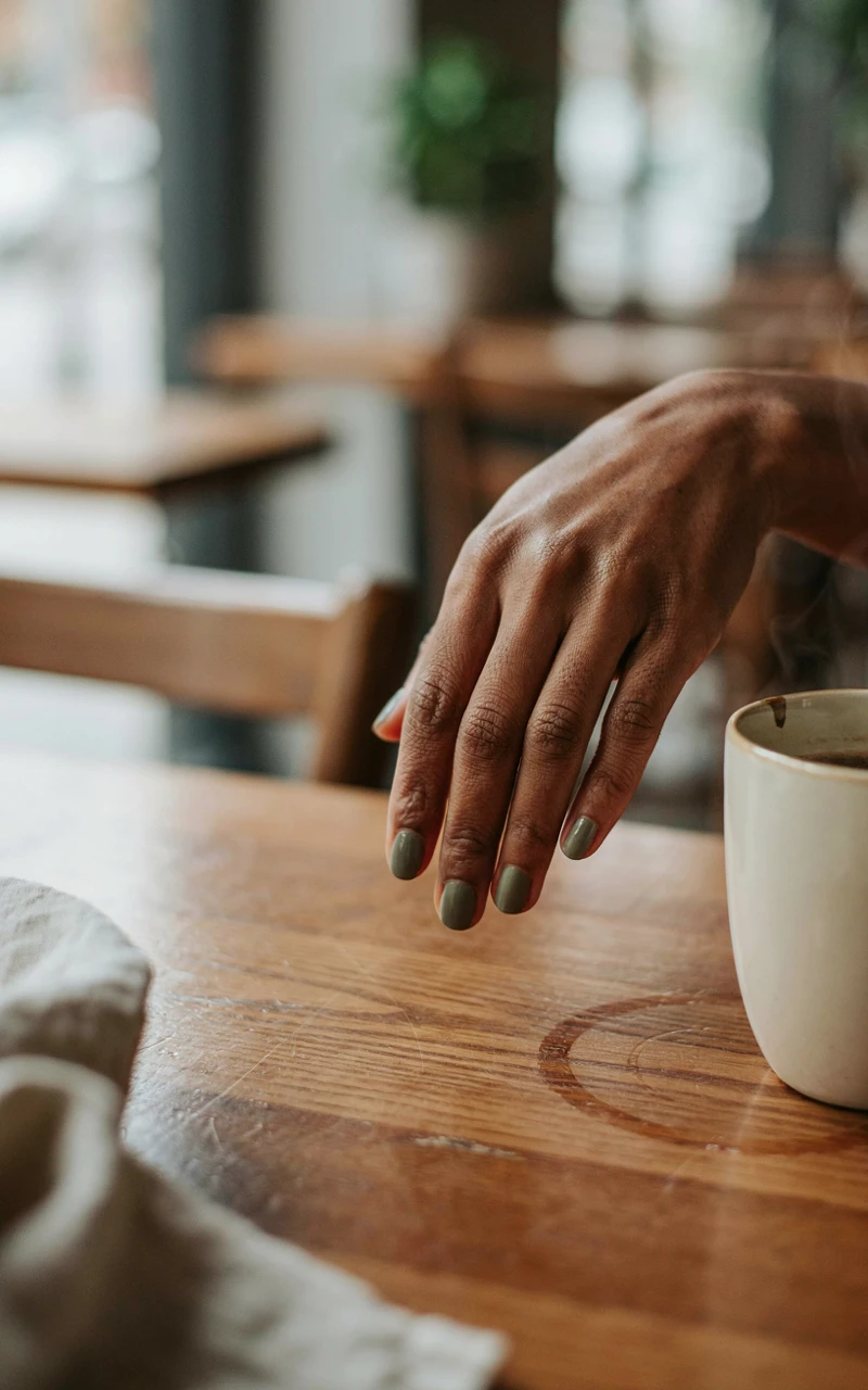 Short matte olive green nails on a dark brown woman's hand resting on a wooden table.