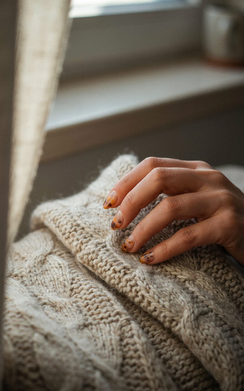 Short nails with warm tortoiseshell tips on a dark brown woman's hand.