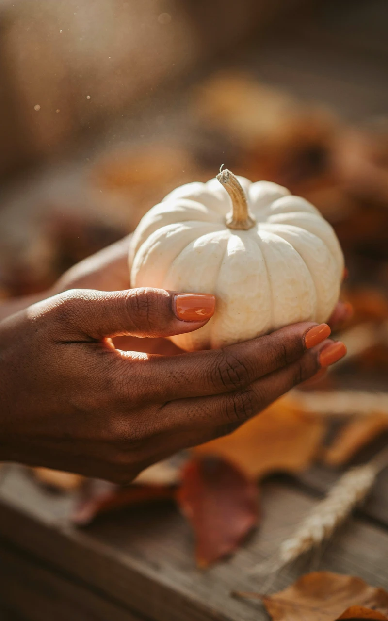 Short burnt orange nails on a dark brown woman's hand holding a white pumpkin.