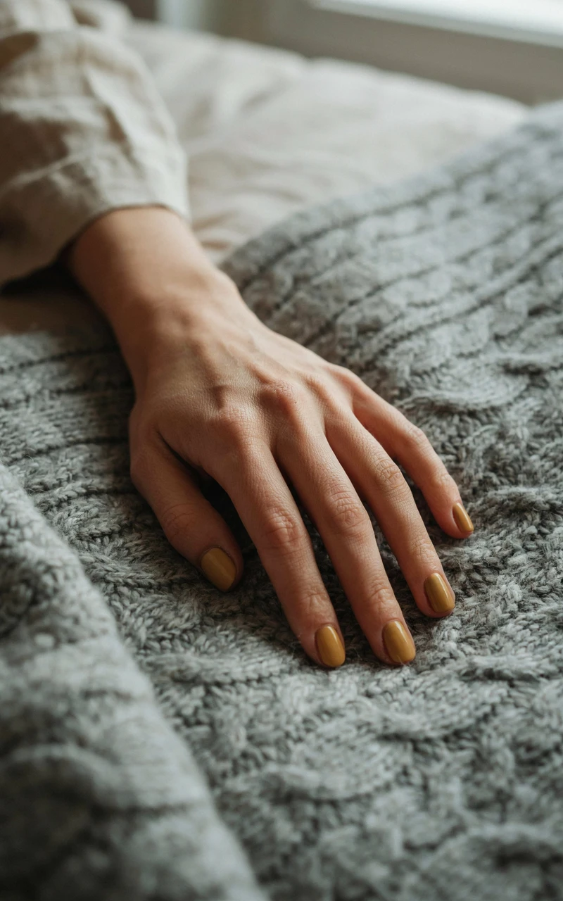 Short mustard yellow nails on a dark brown woman's hand.