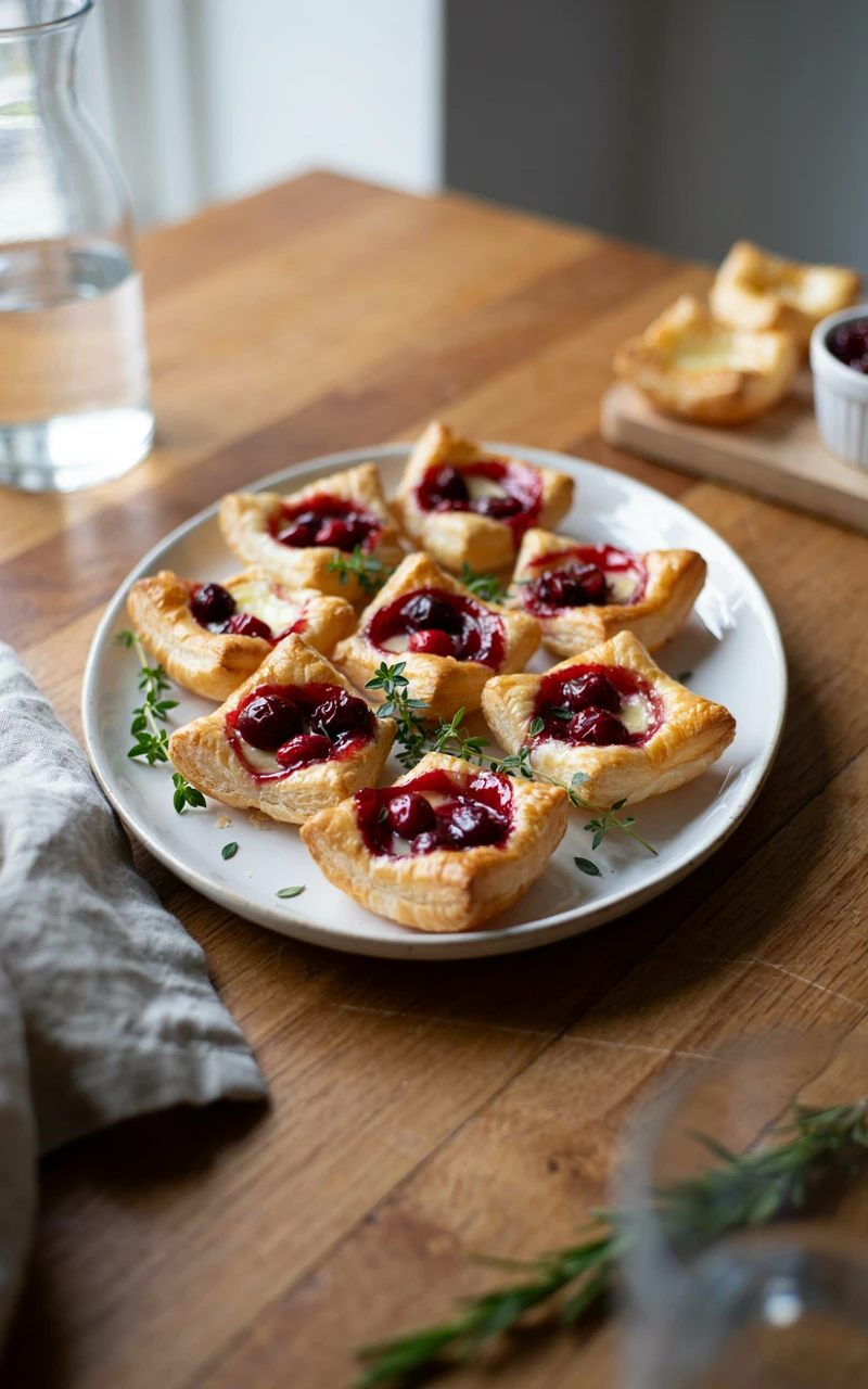 10 Thanksgiving Appetizers to Start Planning Early 2 Baked cranberry brie bites in puff pastry cups on a white ceramic platter.