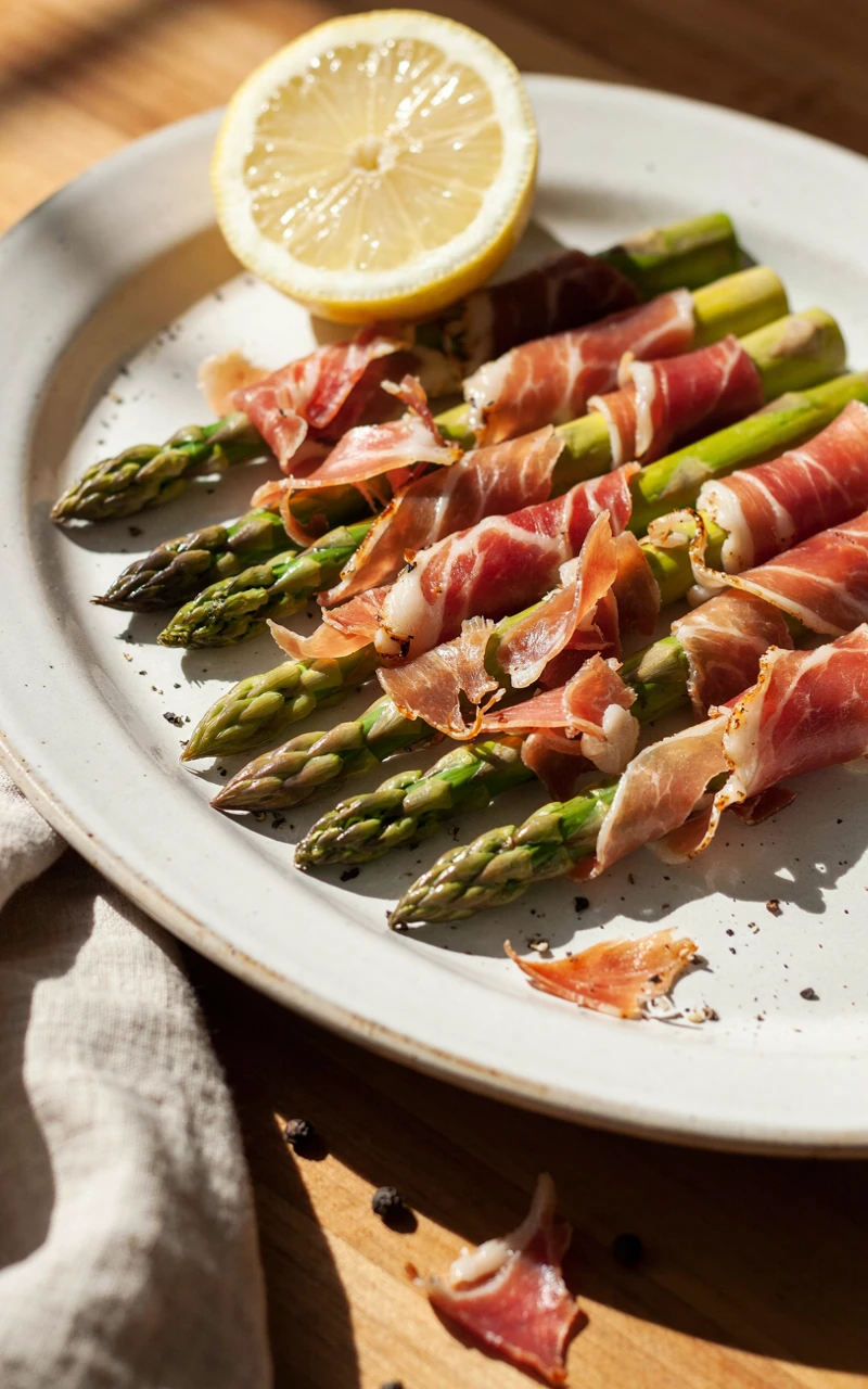 10 Thanksgiving Appetizers to Start Planning Early 11 Asparagus spears wrapped in crispy prosciutto on a white serving dish.