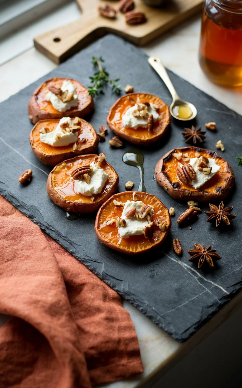 10 Thanksgiving Appetizers to Start Planning Early 3 Roasted sweet potato rounds topped with goat cheese and pecans on a dark slate board.