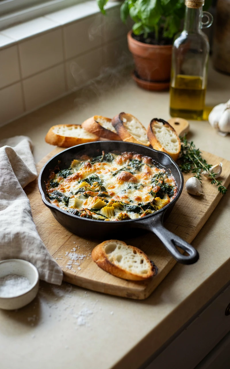 10 Thanksgiving Appetizers to Start Planning Early 4 A cast iron skillet of warm spinach and artichoke dip with toasted baguette slices.