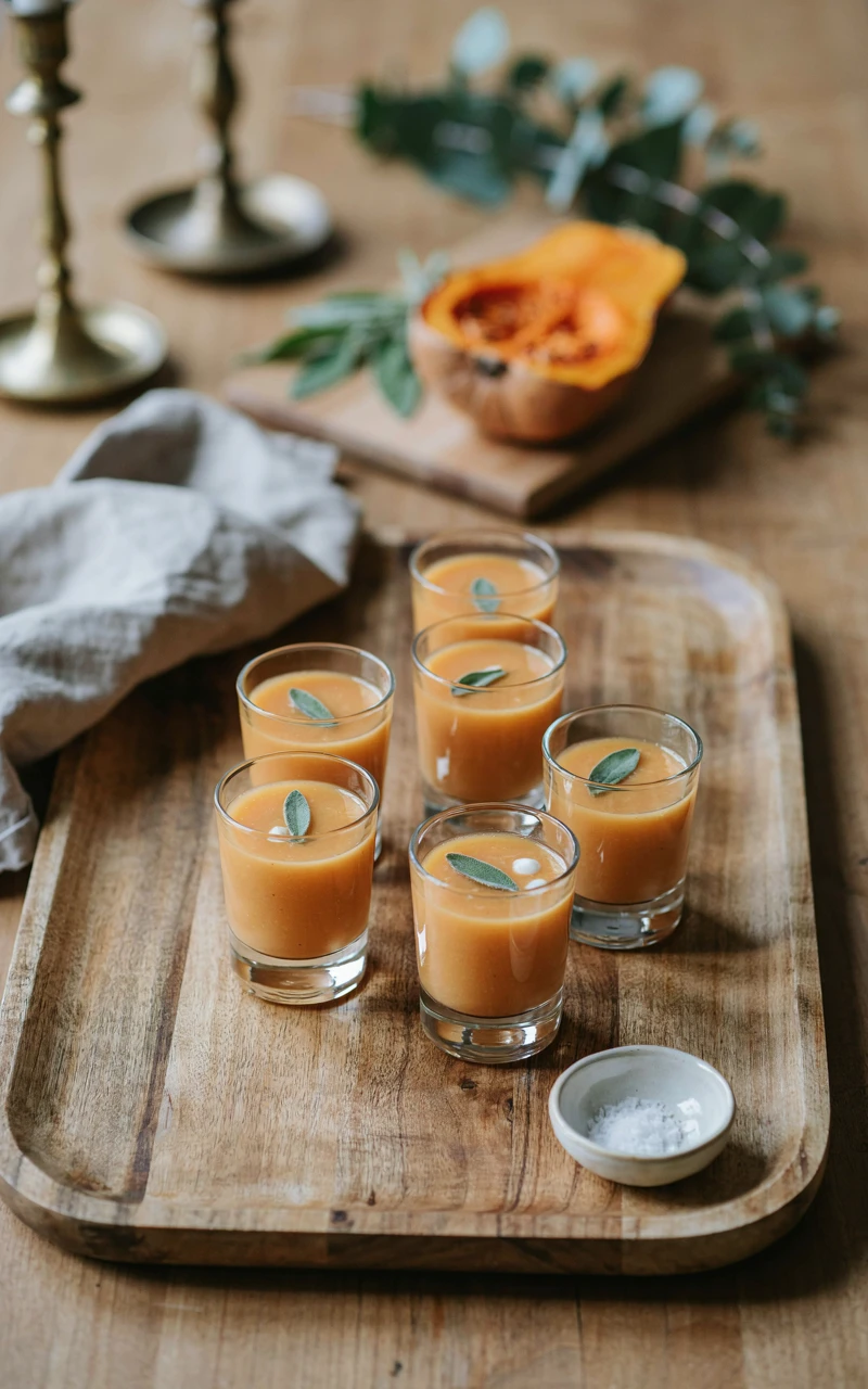 10 Thanksgiving Appetizers to Start Planning Early 6 Small glass shooters filled with creamy butternut squash soup on a wooden tray.