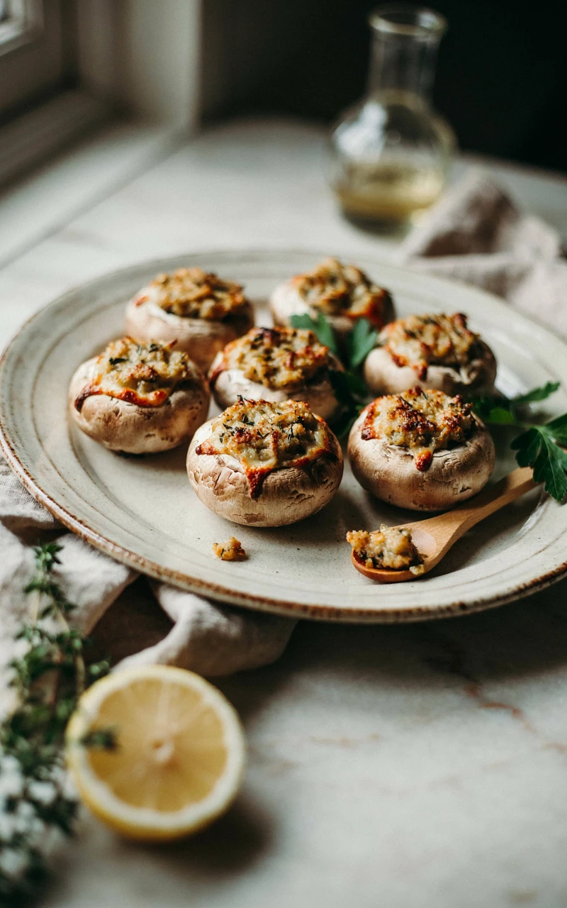 10 Thanksgiving Appetizers to Start Planning Early 7 White button mushrooms stuffed with herbed sausage and cheese on a ceramic platter.