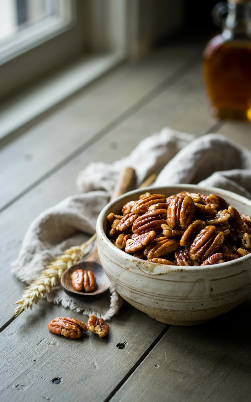 10 Thanksgiving Appetizers to Start Planning Early 9 A rustic ceramic bowl filled with roasted maple glazed pecans.