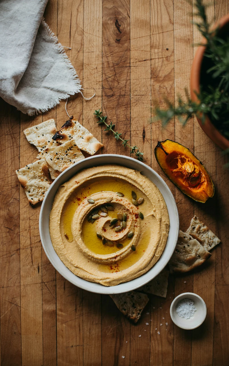 10 Thanksgiving Appetizers to Start Planning Early 10 A bowl of pale orange pumpkin hummus surrounded by pita chips on a wooden board.