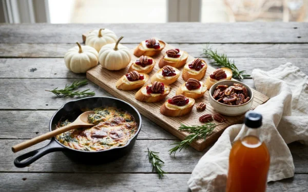A rustic wooden table filled with delicious Thanksgiving appetizers including cranberry brie bites and warm dip.