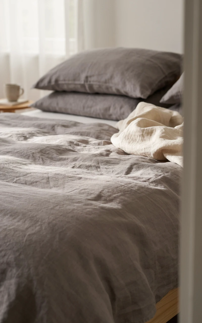 Close up of soft grey flannel sheets turned back on a bed.