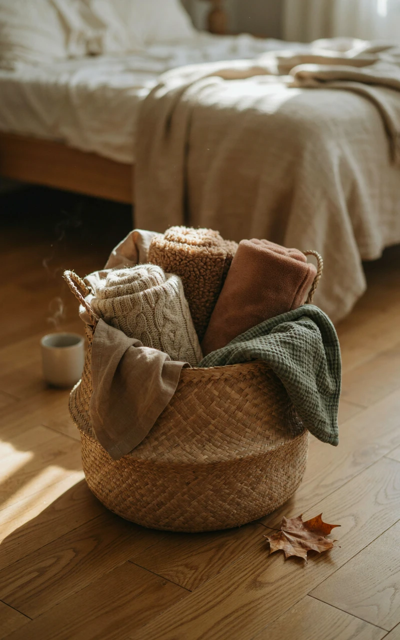 A woven seagrass basket overflowing with rolled blankets on a bedroom floor.