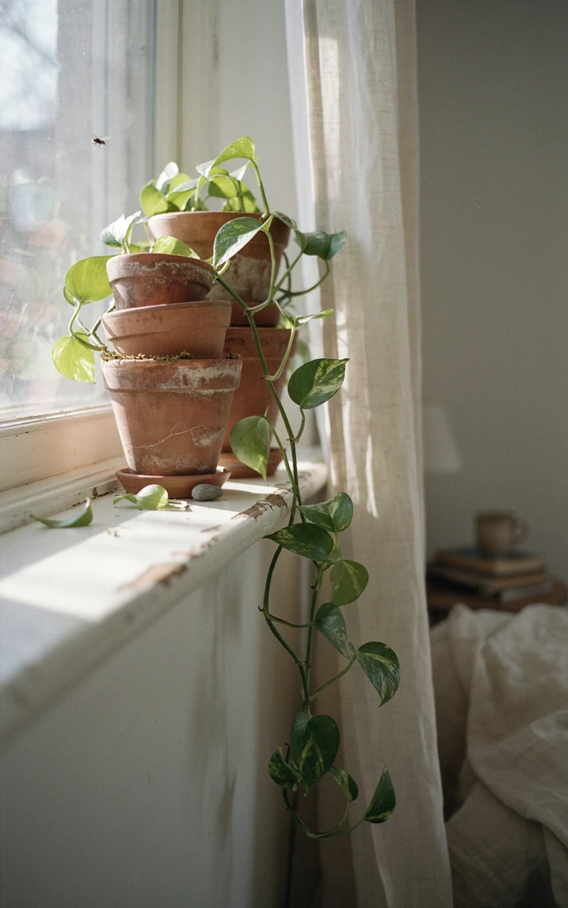 Aged terracotta pots holding green trailing plants on a bedroom windowsill.