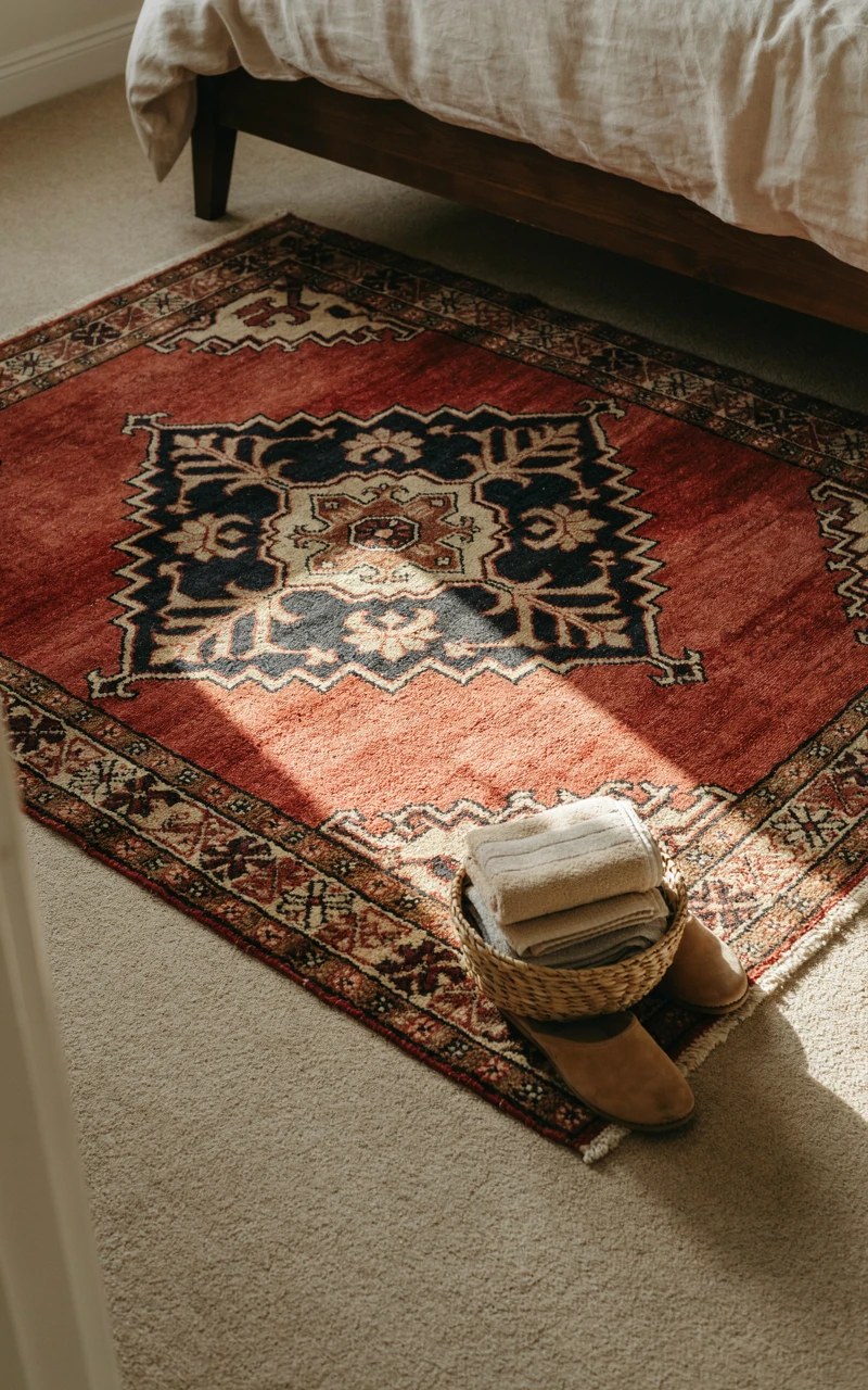 A vintage-style Turkish rug in reds and browns layered under a bed.