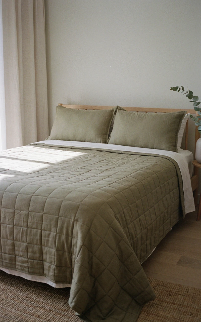 A bed made with an olive green quilted bedspread and matching shams.