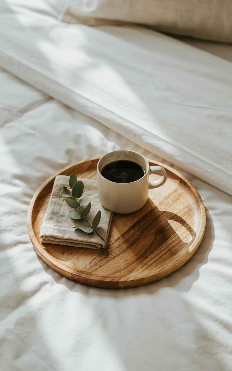 A wooden tray holding a ceramic mug resting on a bed.