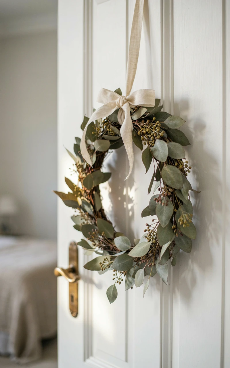 A wreath made of dried seeded eucalyptus hanging on a white bedroom door.