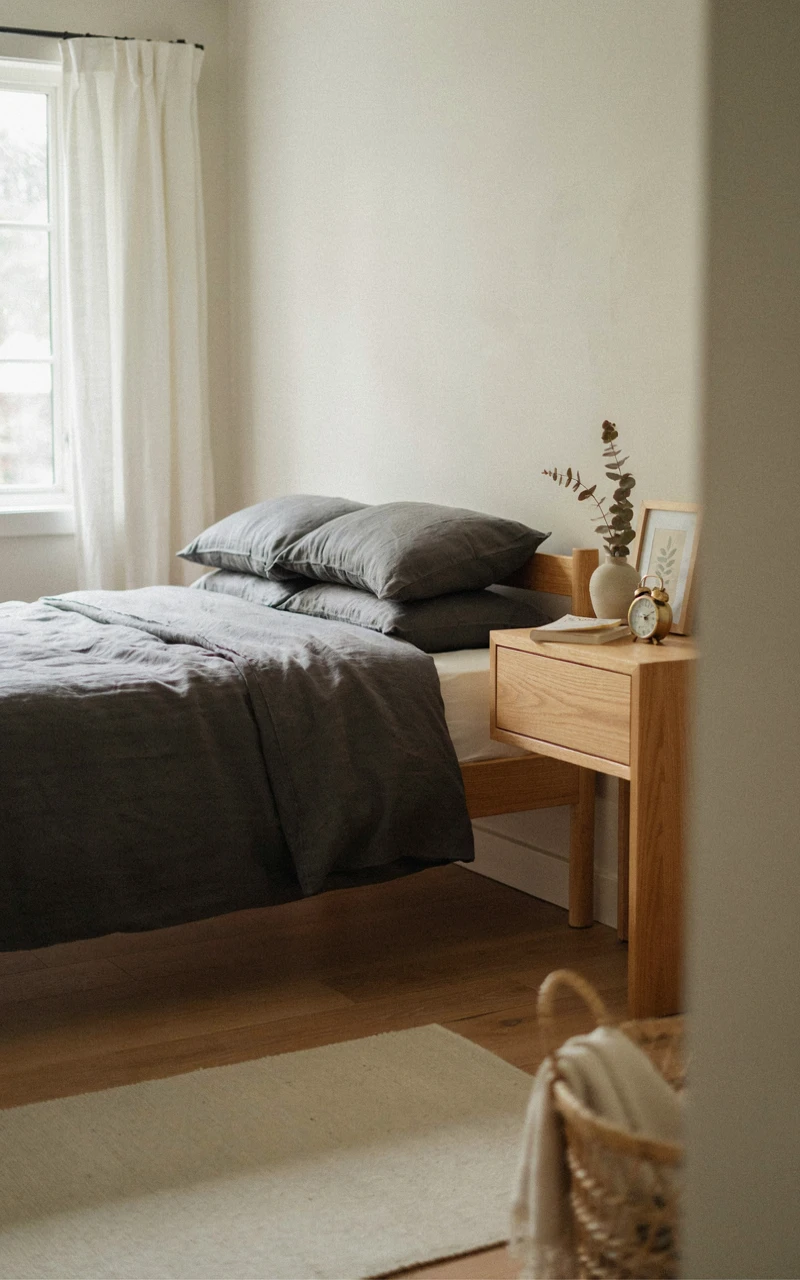 A bed with a deep charcoal grey linen duvet cover.