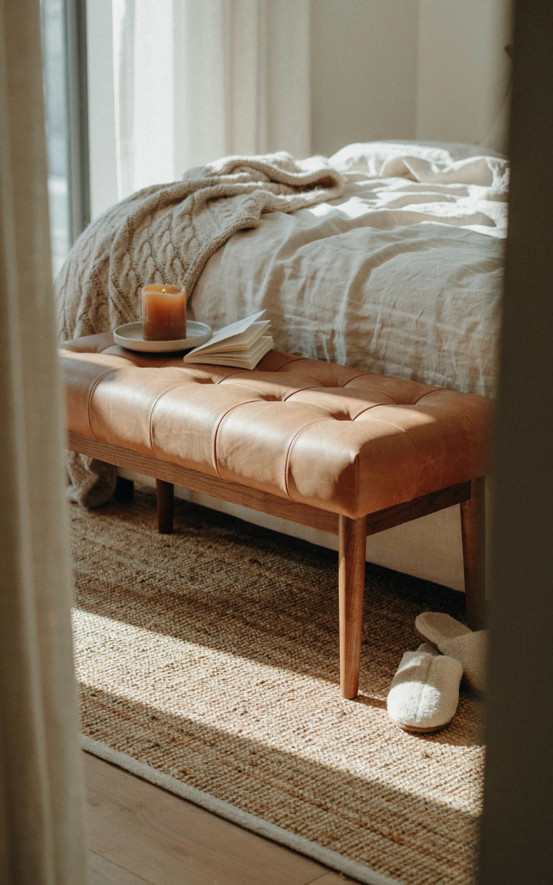 A tan leather tufted bench at the foot of a bed.