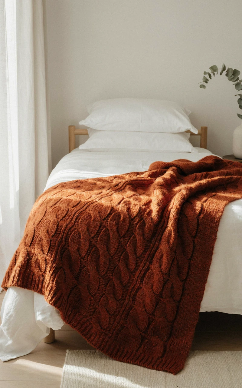 A heavy rust-colored chunky knit blanket draped across the foot of a bed.