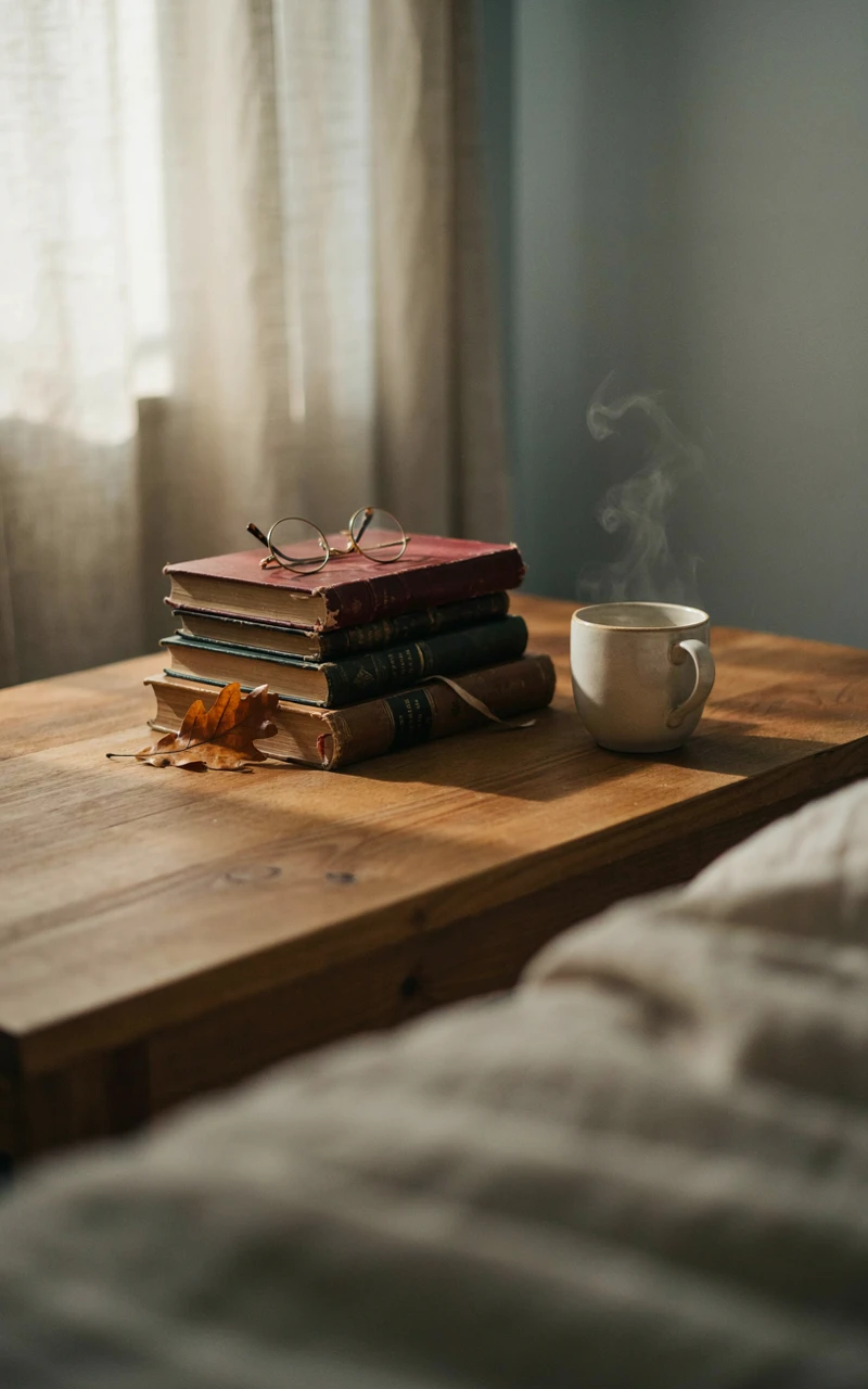 A stack of cloth-bound vintage books on a wooden bedside table.