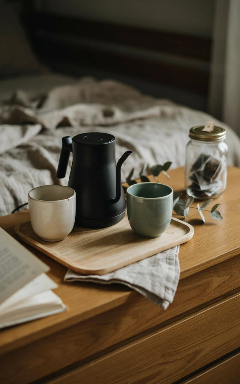 A wooden tray on a dresser holding a kettle, mugs, and tea bags.