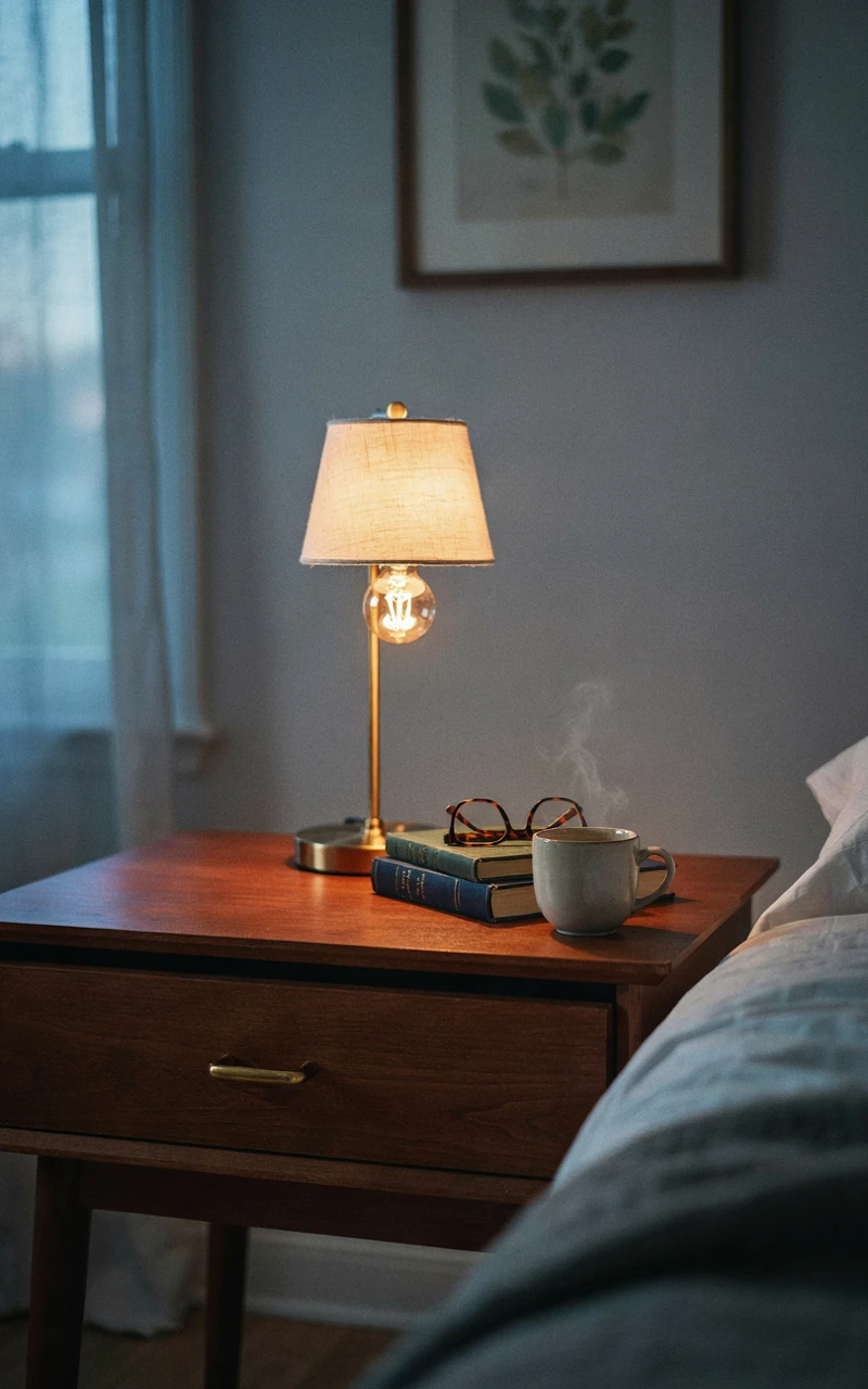 A brass bedside lamp emitting a warm amber glow in a dark bedroom.