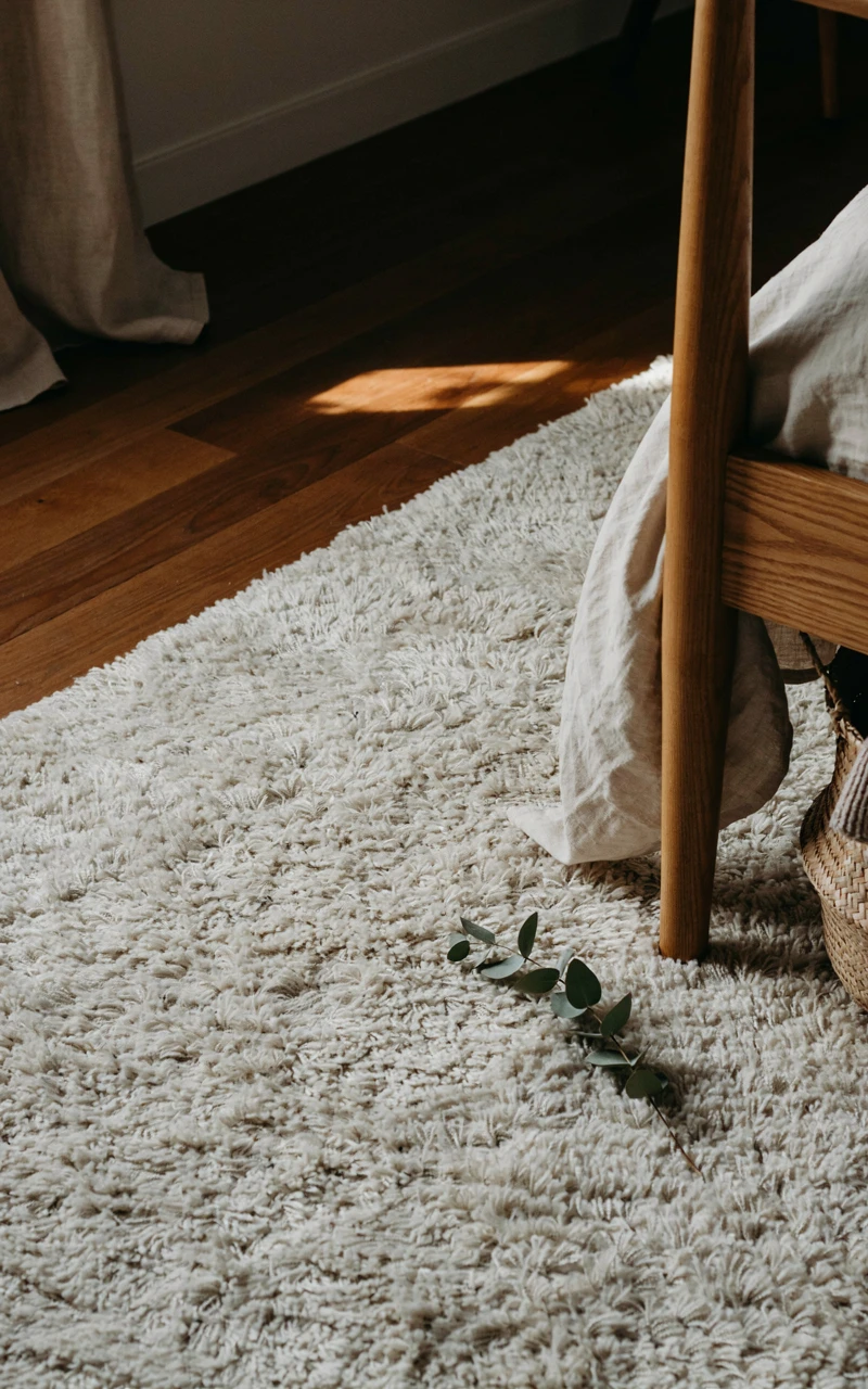 A thick white faux fur area rug on a hardwood floor next to a bed.