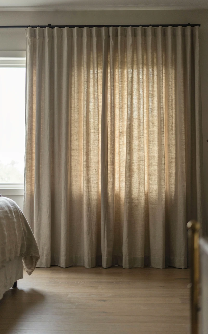 Heavy oatmeal linen curtains drawn closed over a bedroom window.