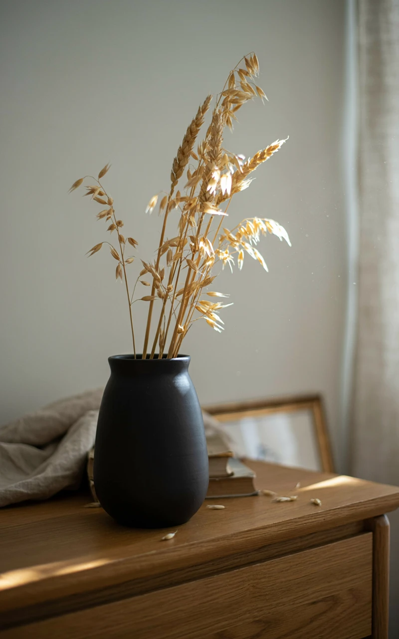 A black ceramic vase filled with dried wheat stalks on a wooden dresser.