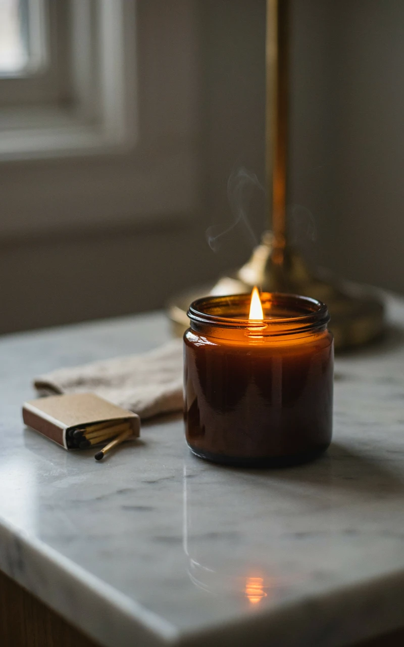 A lit wood-wick candle in an amber glass jar on a nightstand.