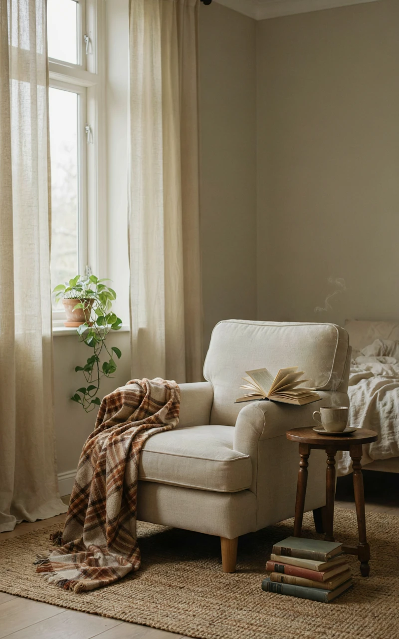 A brown and orange plaid throw blanket draped over a cream armchair.