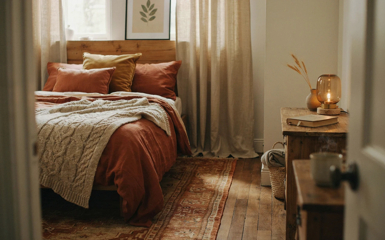 A bed layered with rust and cream blankets showcasing warm fall bedroom ideas with soft lighting and dried wheat.