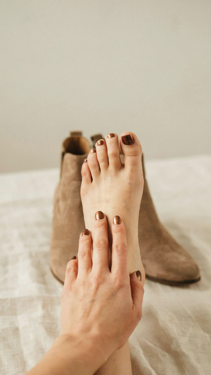 Bronze chrome toe nails and matching fingernails as a woman rests her hand on her ankle beside tan suede boots