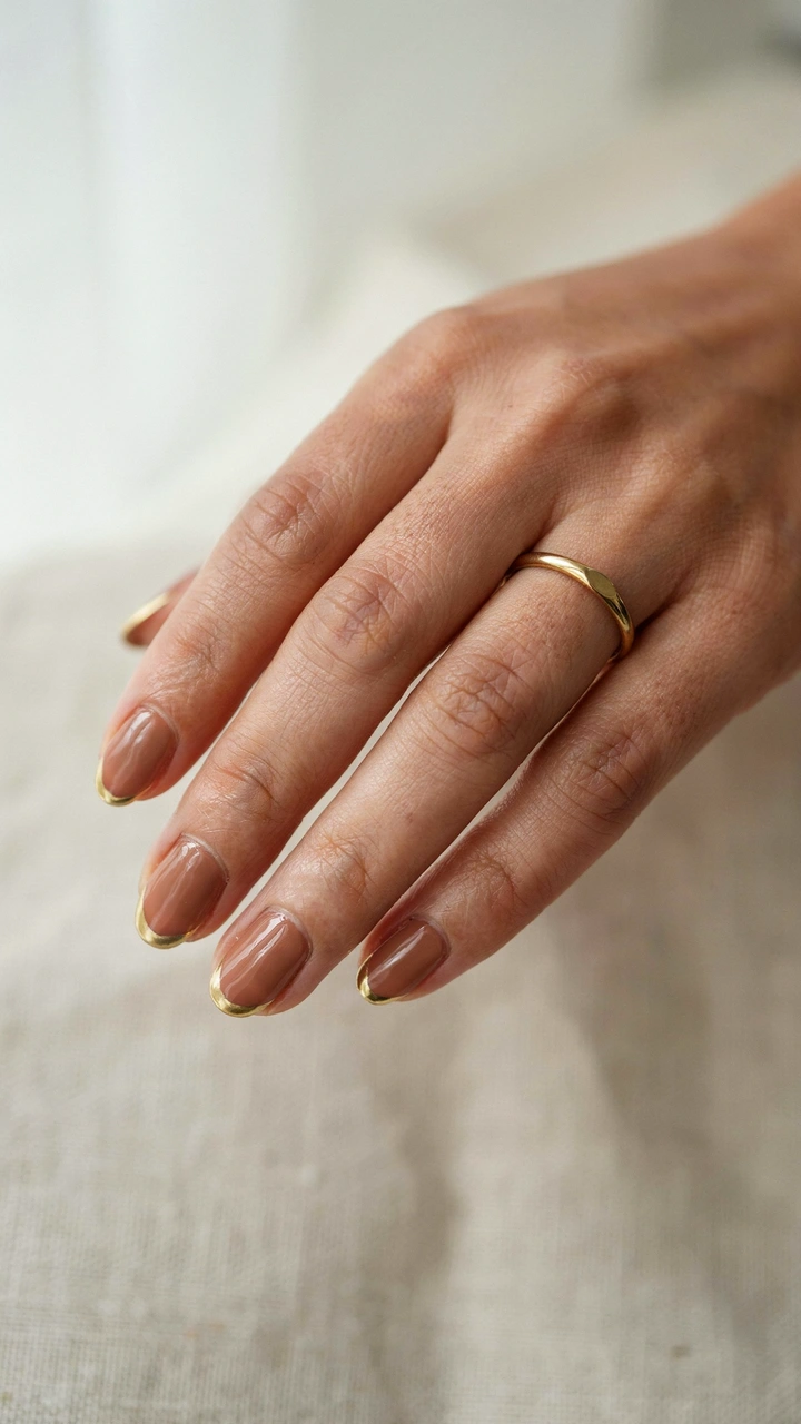 Brown nails with thin gold chrome French tips on a woman's hand
