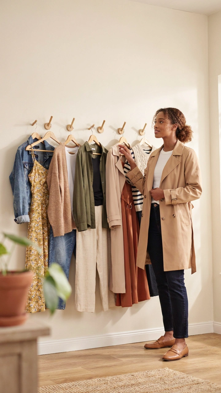 A woman in a trench coat and jeans stands beside five fall outfits hanging on wall hooks, planned for the week