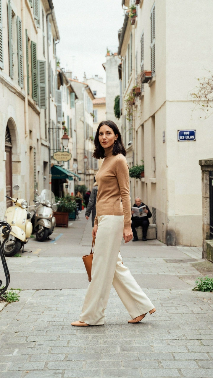 12 Cozy Fall Outfits for Women That Feel Stylish and Comfortable 6 A woman walking on a city street wearing a camel turtleneck and cream wide leg trousers.