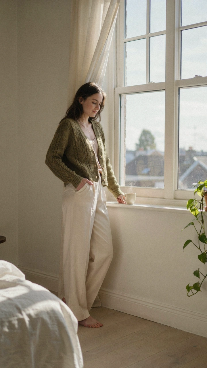 12 Cozy Fall Outfits for Women That Feel Stylish and Comfortable 4 A woman standing by a window wearing an olive chunky cardigan over a silk camisole.