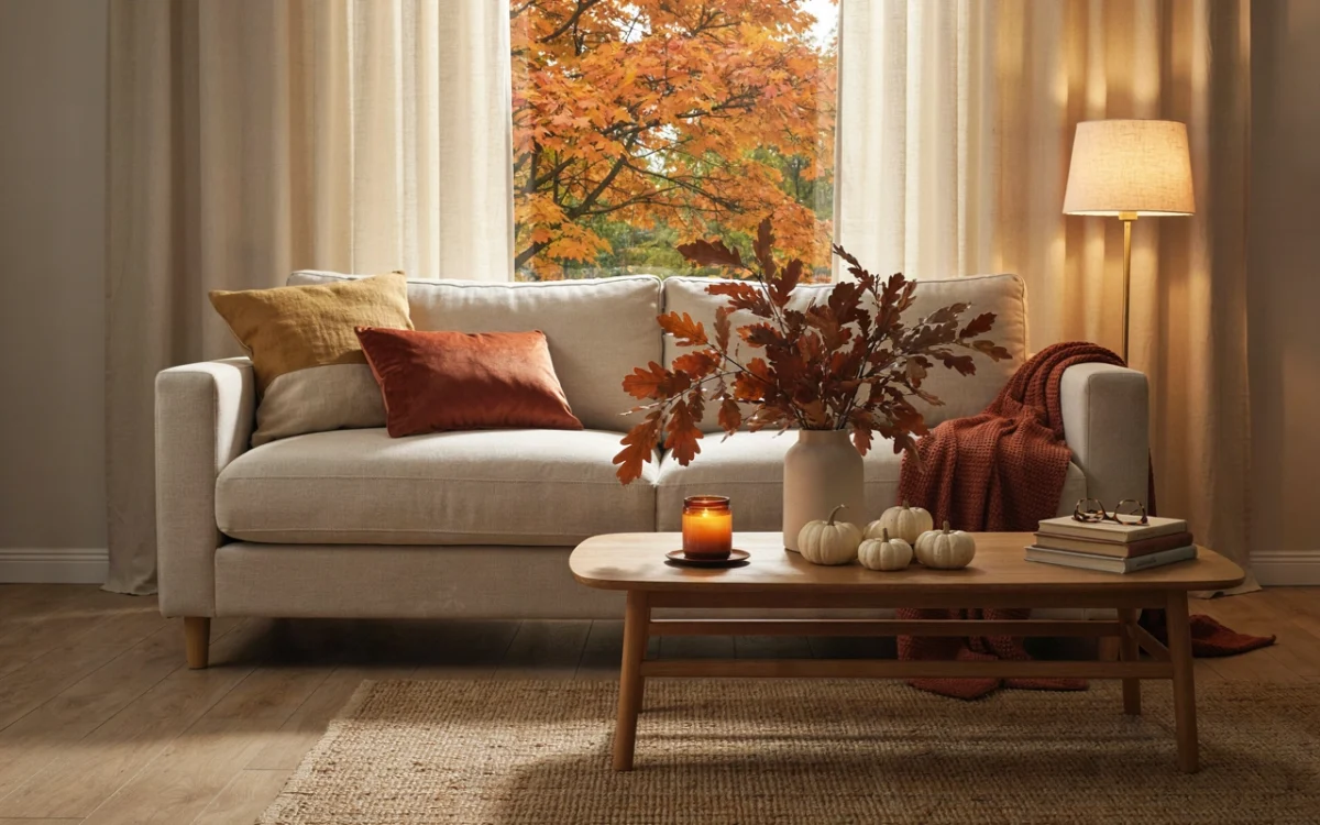 Cozy autumn living room with a rust knit throw on a cream sofa, a lit lamp, and dried branches on the coffee table