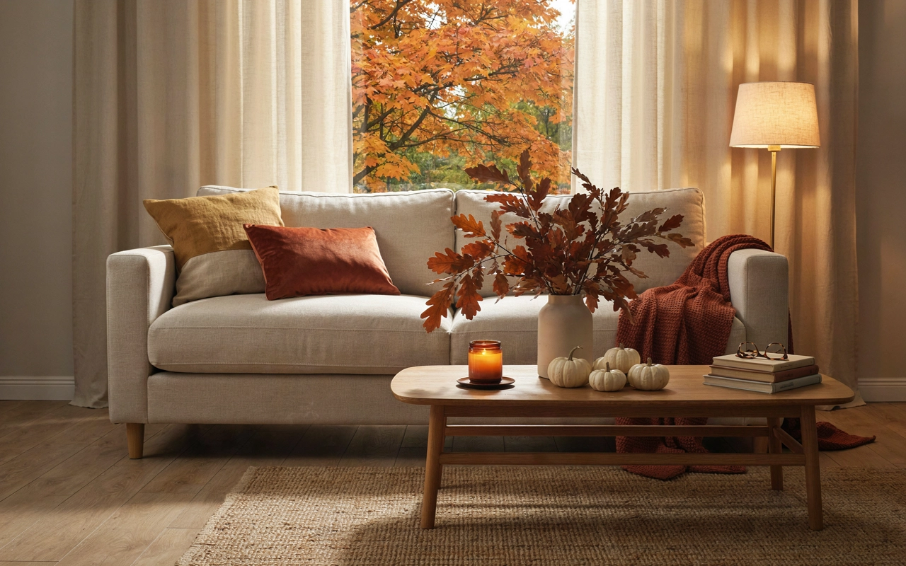 A cozy autumn living room with a rust knit throw on a cream sofa, a lit lamp, and dried branches on the coffee table