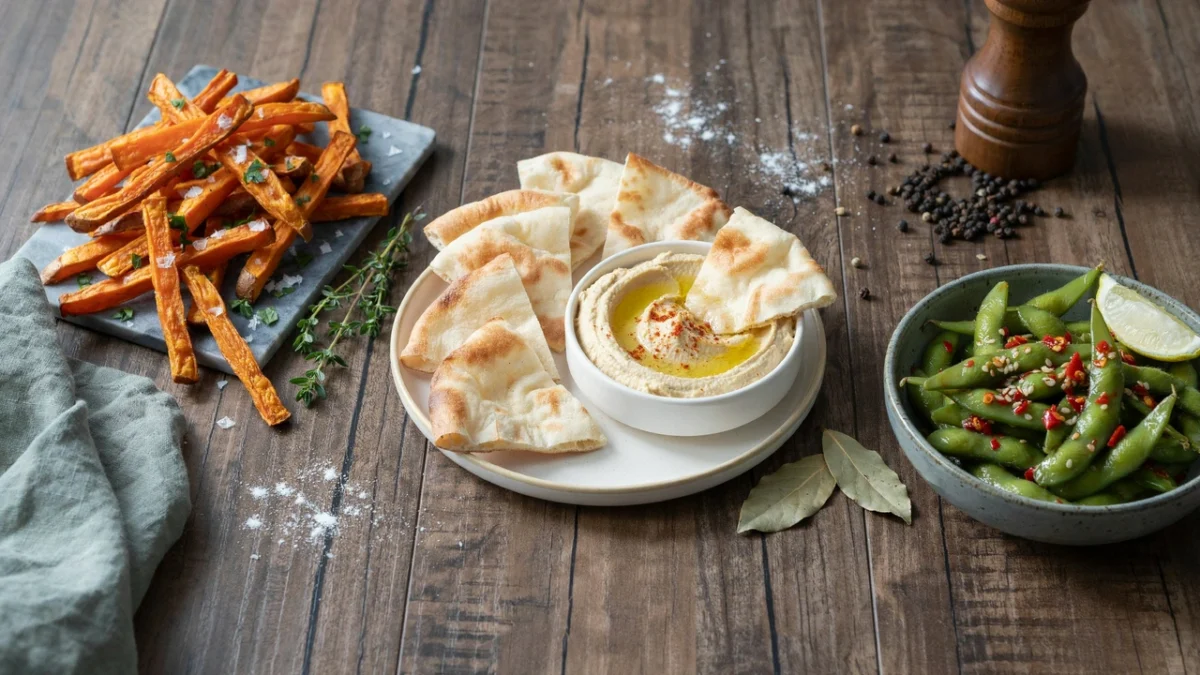 A wooden table filled with delicious snack recipes, including baked Sweet Potato Fries, Homemade Pita Chips with Hummus, and Spicy Edamame.