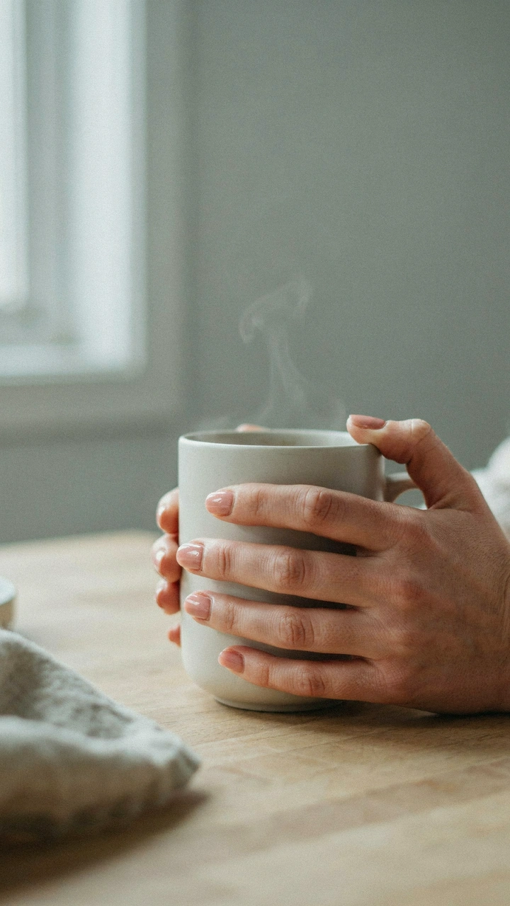 Woman's hand holding a white mug, with short rounded nails in a glossy dusty rose cream polish