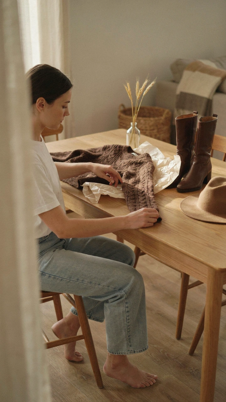 A woman unwraps a brown knit sweater beside knee boots and a felt hat, a few fall fashion pieces to fill wardrobe gaps