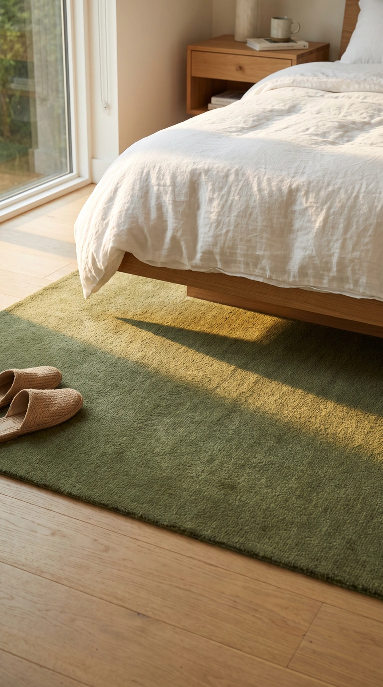 11 Greenery Bedroom Ideas for a Fresh and Cozy Space 4 A moss green wool rug beneath a wooden bed with white bedding, a wooden bedside drawer, and light oak floorboards in a cozy green bedroom.