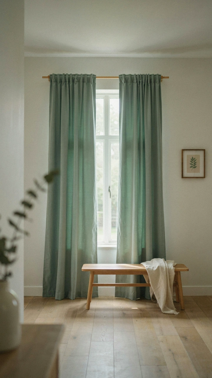 11 Greenery Bedroom Ideas for a Fresh and Cozy Space 11 Floor-length sage green curtains half open at a bedroom window with a wooden bench below
