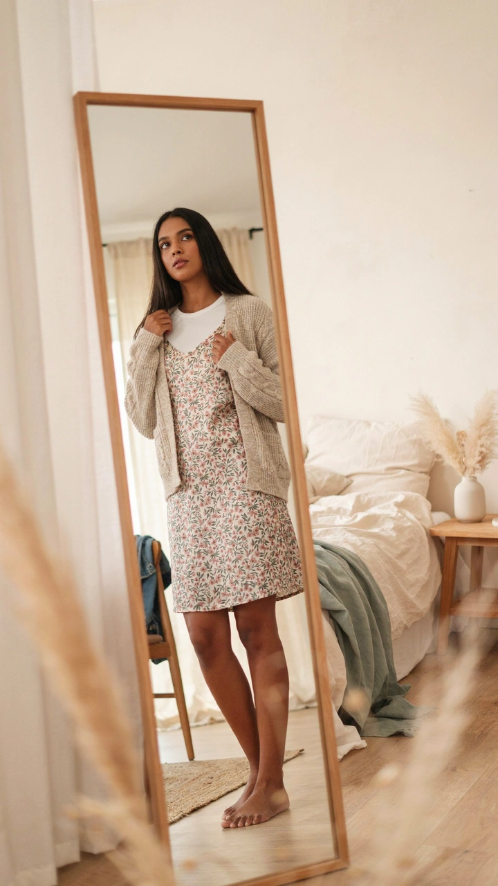 A woman in a mirror wears a summer slip dress over a white tee with a cream cable-knit cardigan as a transitional outfit