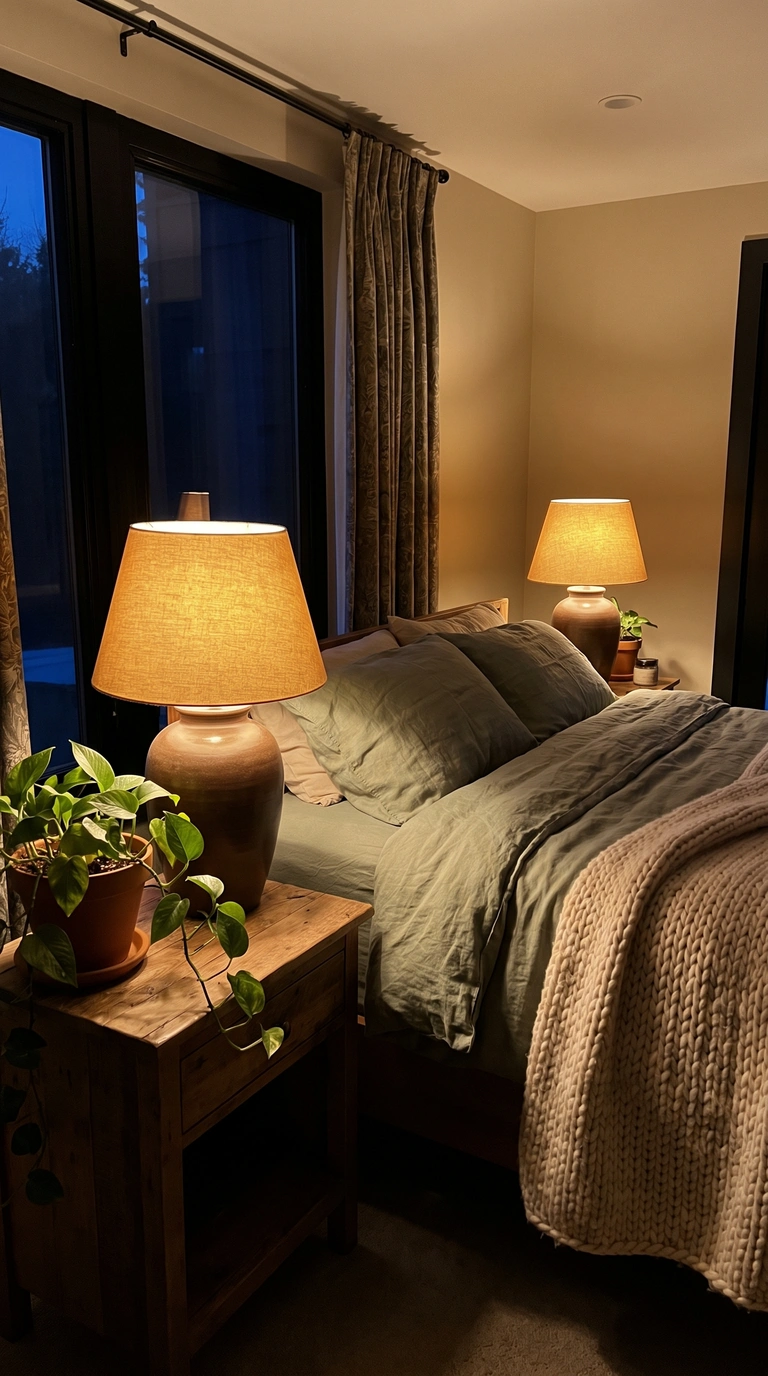 11 Greenery Bedroom Ideas for a Fresh and Cozy Space 12 A cozy green bedroom at night lit by two warm bedside lamps over green bedding and a pothos