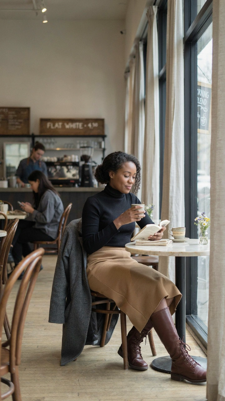 How to Style a Fall Outfit With Basics You Already Own 8 A dark brown woman at a cafe wears a black turtleneck, camel skirt, tall boots and gray coat, one of many easy casual outfits