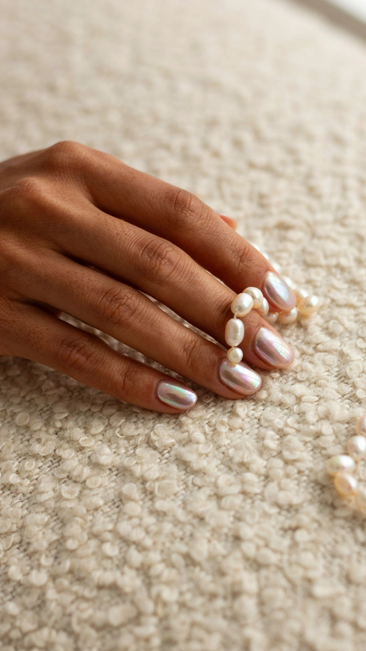 Pearl chrome nails over a milky nude base on a woman's hand resting on a cream bouclé chair beside pearls