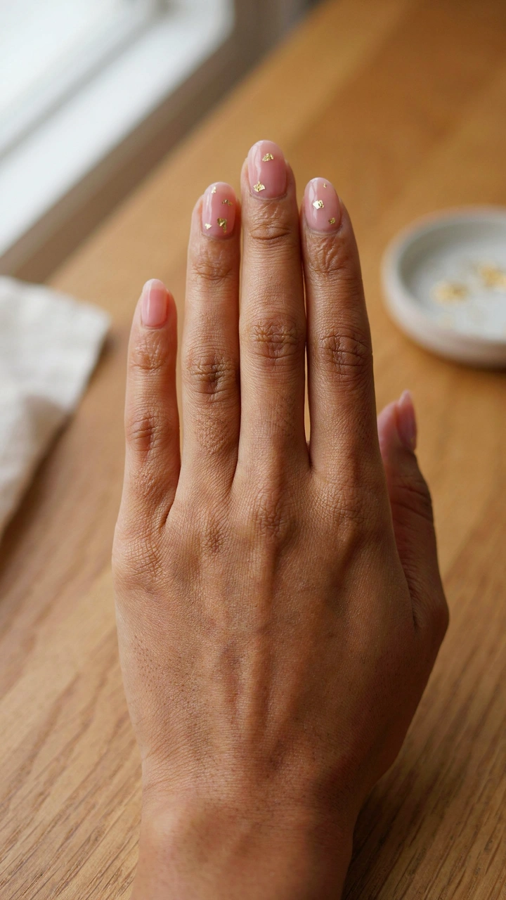 Woman's hand on an oak table with blush pink almond nails and tiny gold leaf designs on two accent nails