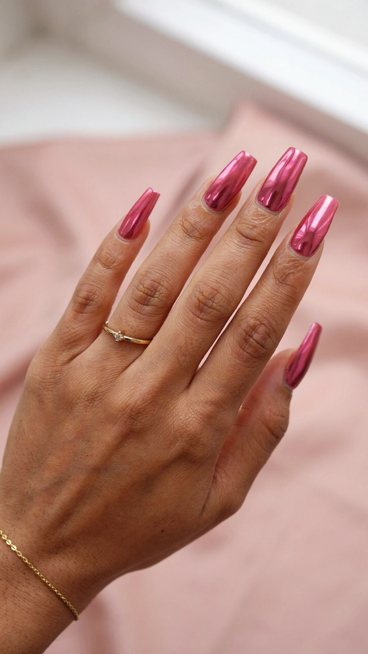 Woman's hand with coffin nails in a shiny rose pink chrome finish